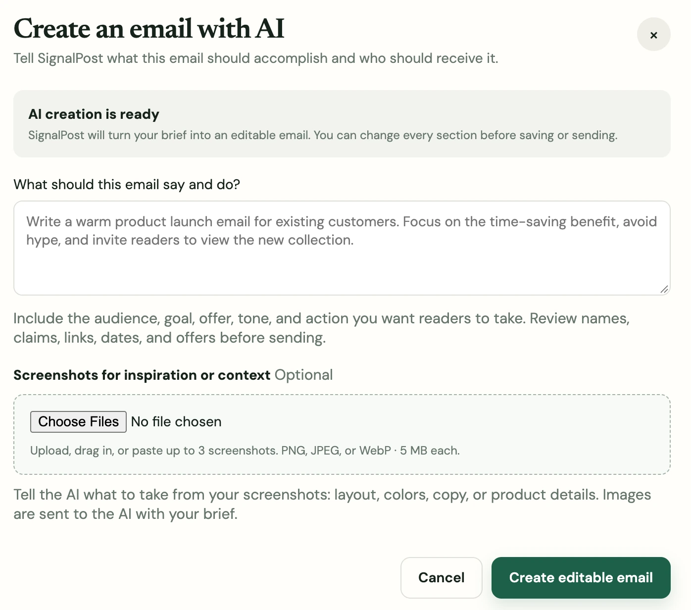 SignalPost Create an email with AI dialog with a campaign brief and optional screenshot uploads for inspiration or context