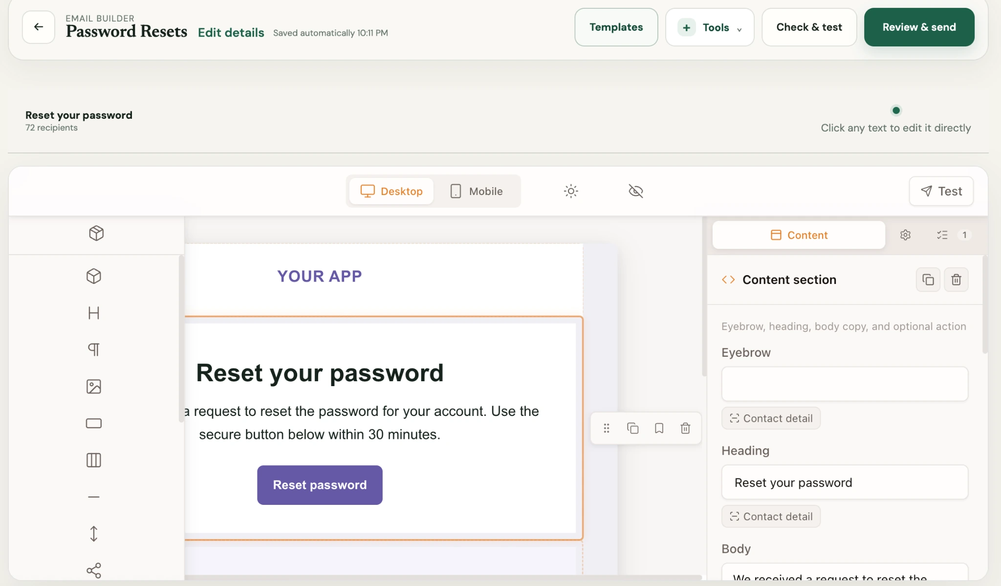Current SignalPost email builder with inline editing, a content section panel, desktop and mobile previews, and check and test controls