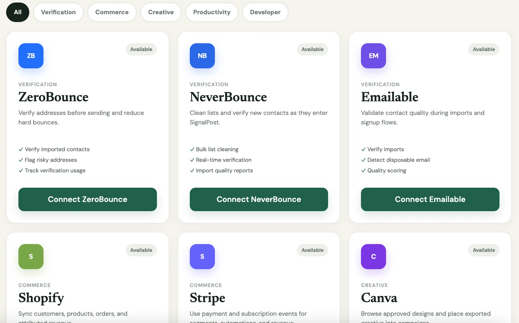 SignalPost integrations for verification, commerce, creative, and productivity tools