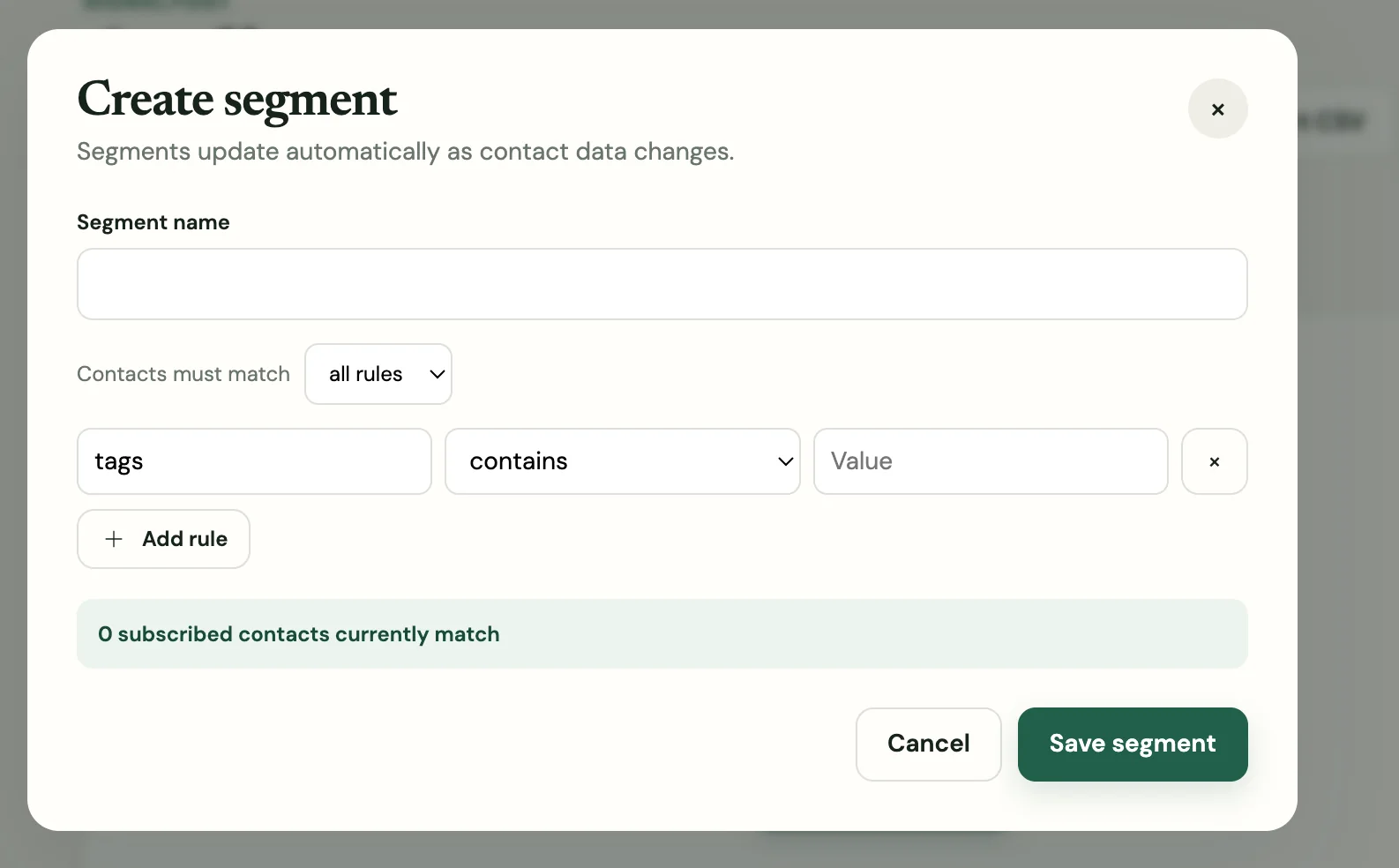 SignalPost dynamic contact segment rule builder